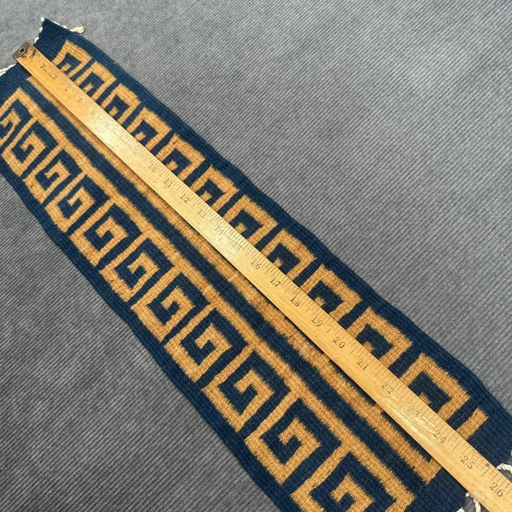 Handwoven Wool Greek Key Runner Navy Blue Mustard‎ Yellow Geometric Textile 26x8